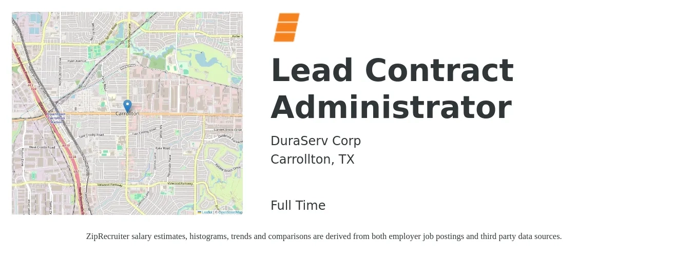DuraServ Corp job posting for a Lead Contract Administrator in Carrollton, TX with a salary of $55,000 to $84,900 Yearly with a map of Carrollton location.
