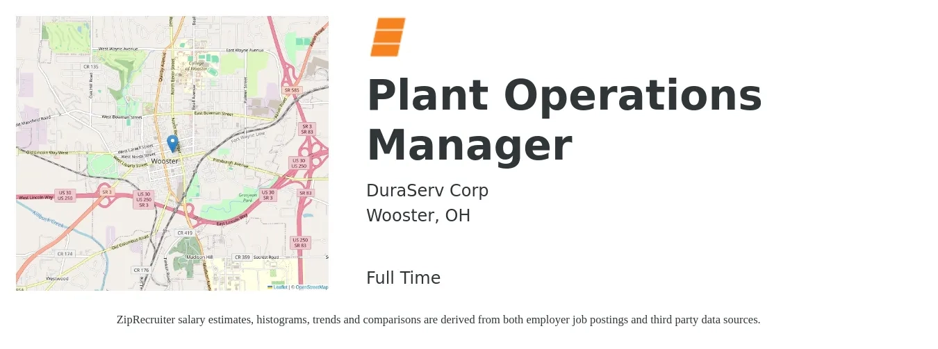 DuraServ Corp job posting for a Plant Operations Manager in Wooster, OH with a salary of $70,200 to $115,900 Yearly with a map of Wooster location.