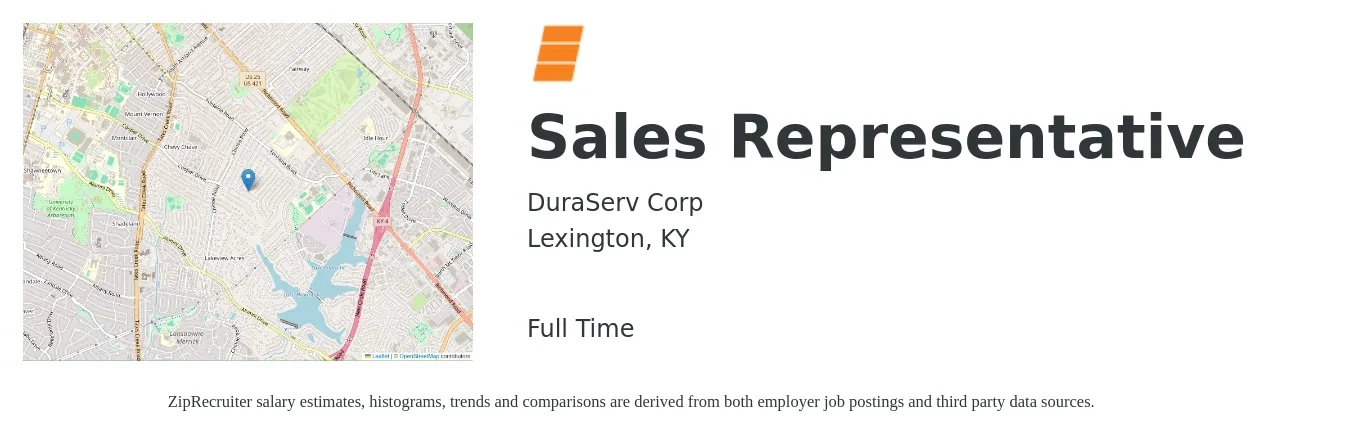 DuraServ Corp job posting for a Sales Representative in Lexington, KY with a salary of $45,900 to $79,900 Yearly with a map of Lexington location.