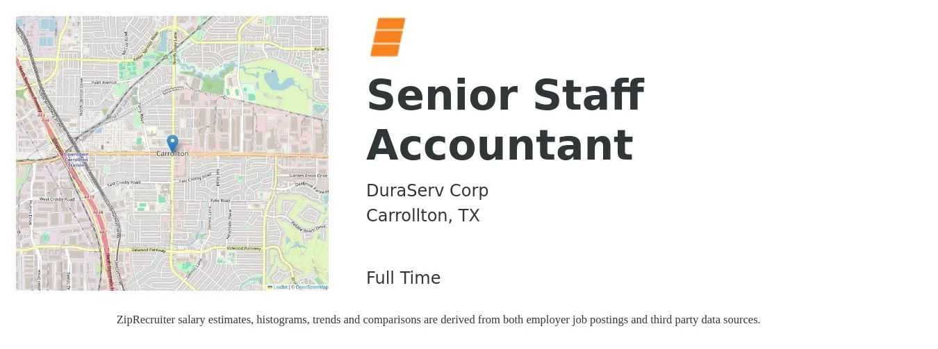DuraServ Corp job posting for a Senior Staff Accountant in Carrollton, TX with a salary of $67,100 to $82,500 Yearly with a map of Carrollton location.