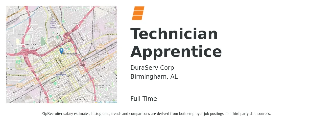 DuraServ Corp job posting for a Technician Apprentice in Birmingham, AL with a salary of $16 to $20 Hourly with a map of Birmingham location.