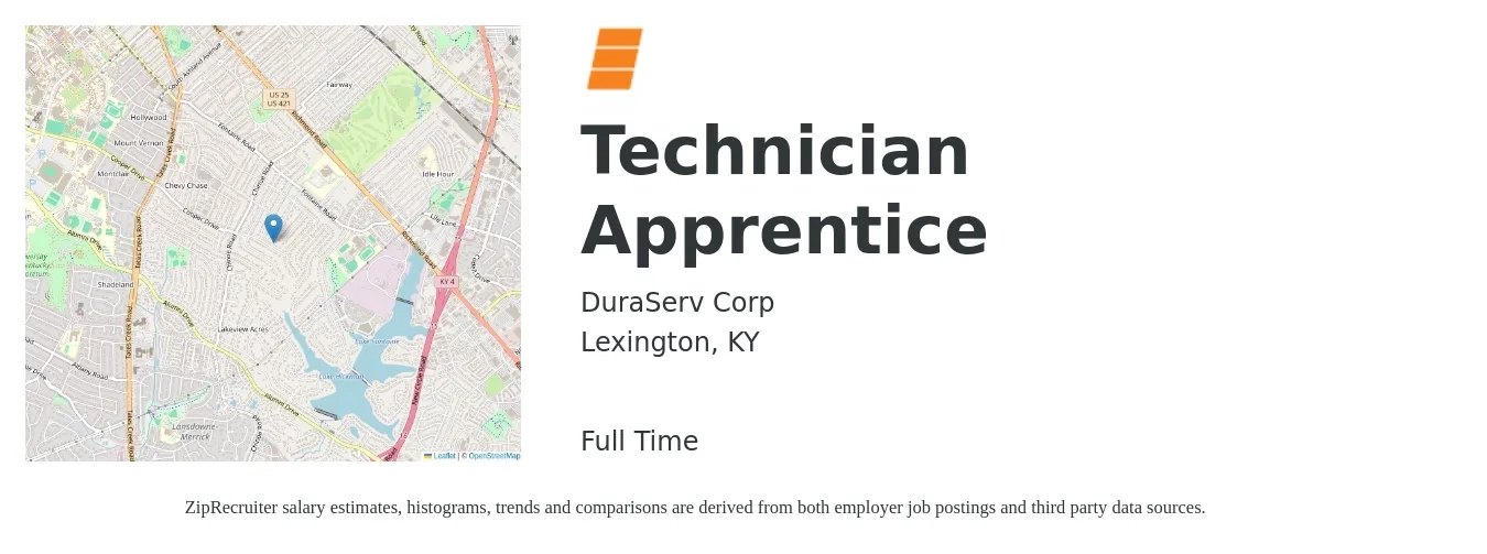 DuraServ Corp job posting for a Technician Apprentice in Lexington, KY with a salary of $14 to $19 Hourly with a map of Lexington location.