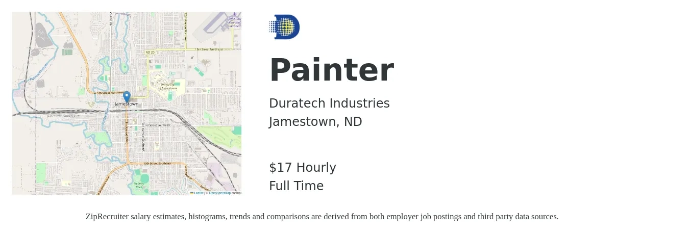 Duratech Industries job posting for a Painter in Jamestown, ND with a salary of $18 Hourly with a map of Jamestown location.