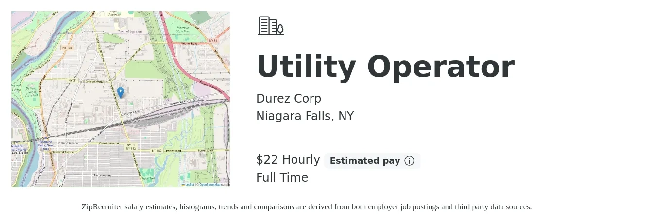 Durez Corp job posting for a Utility Operator in Niagara Falls, NY with a salary of $23 Hourly with a map of Niagara Falls location.