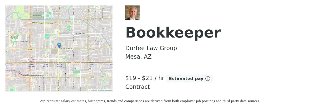 Durfee Law Group job posting for a Bookkeeper in Mesa, AZ with a salary of $20 to $22 Hourly with a map of Mesa location.