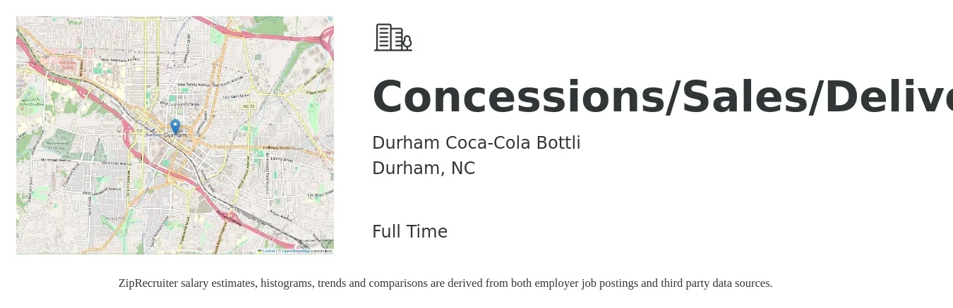 Durham Coca-Cola Bottli job posting for a Concessions/Sales/Delivery in Durham, NC with a salary of $55,200 to $121,700 Yearly with a map of Durham location.
