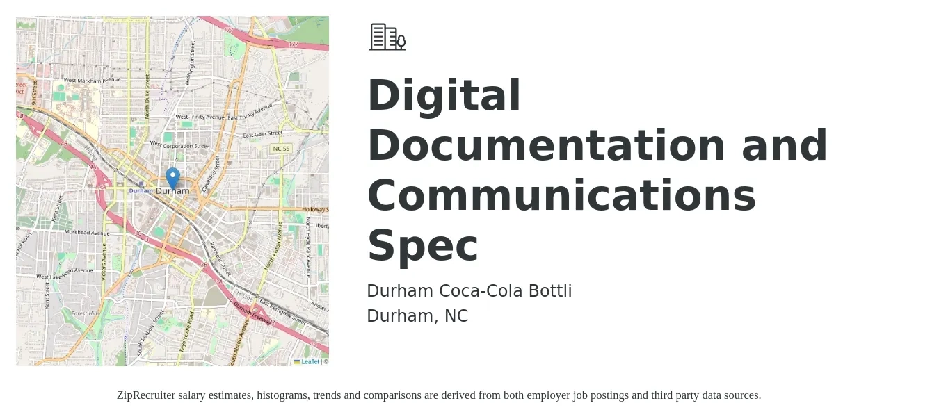 Durham Coca-Cola Bottli job posting for a Digital Documentation and Communications Spec in Durham, NC with a salary of $40,000 Yearly with a map of Durham location.
