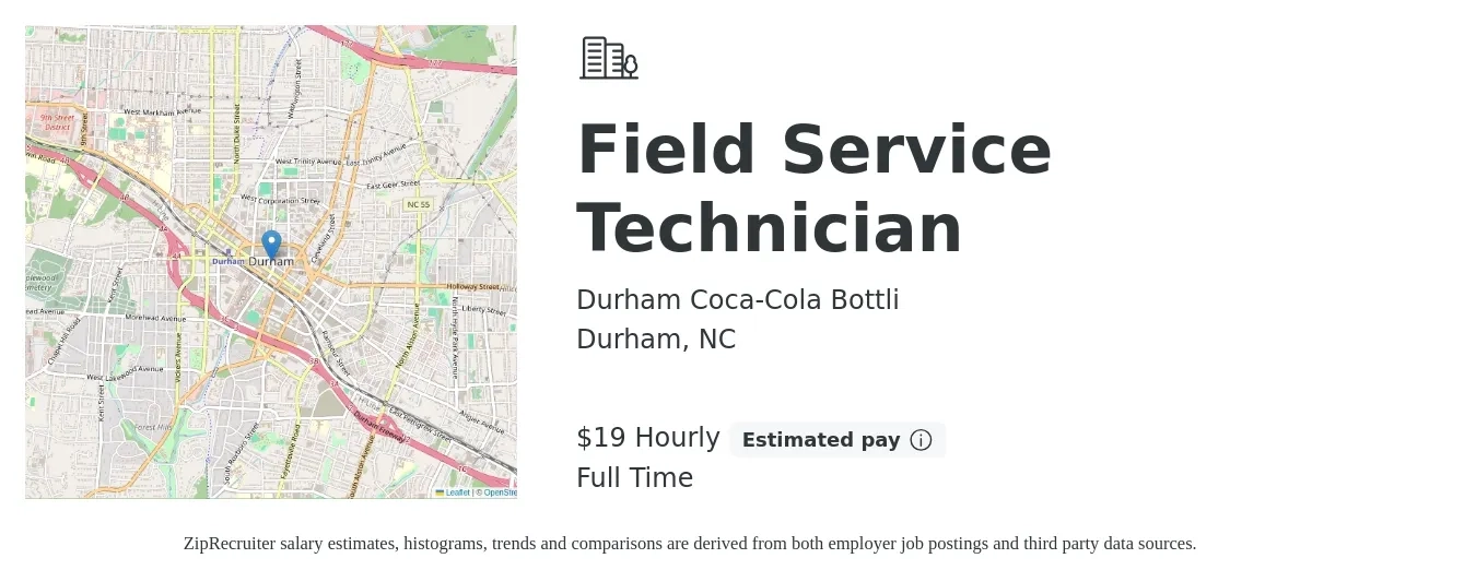 Durham Coca-Cola Bottli job posting for a Field Service Technician in Durham, NC with a salary of $20 Hourly with a map of Durham location.