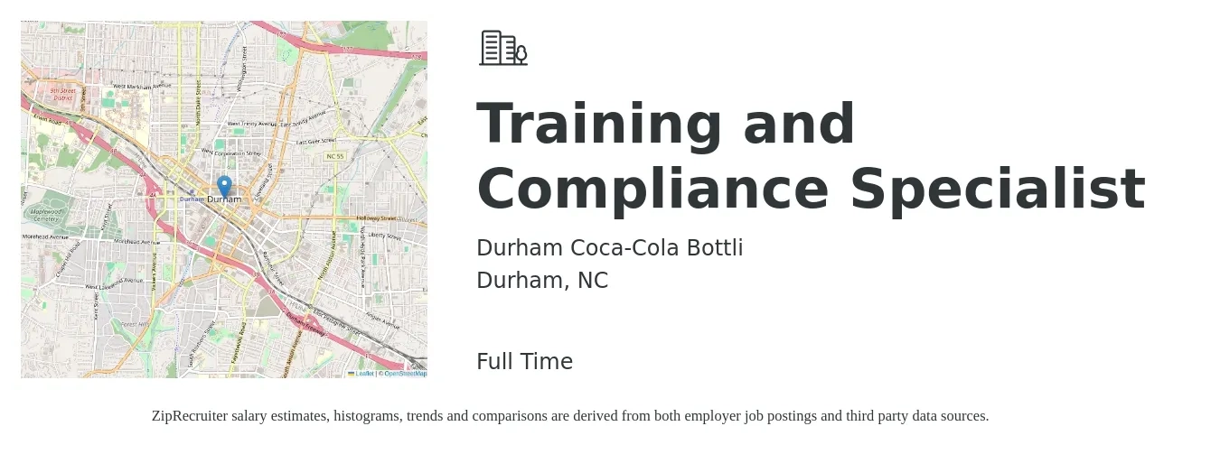 Durham Coca-Cola Bottli job posting for a Training and Compliance Specialist in Durham, NC with a salary of $46,100 to $74,700 Yearly with a map of Durham location.
