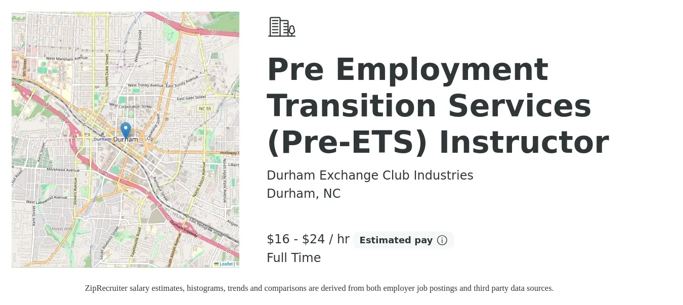 Durham Exchange Club Industries job posting for a Pre Employment Transition Services (Pre-ETS) Instructor in Durham, NC with a salary of $17 to $25 Hourly with a map of Durham location.
