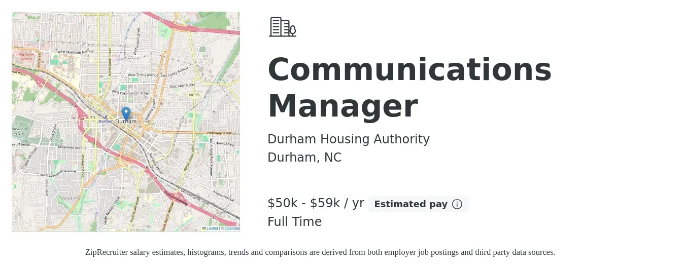 Durham Housing Authority job posting for a Communications Manager in Durham, NC with a salary of $50,000 to $59,000 Yearly with a map of Durham location.