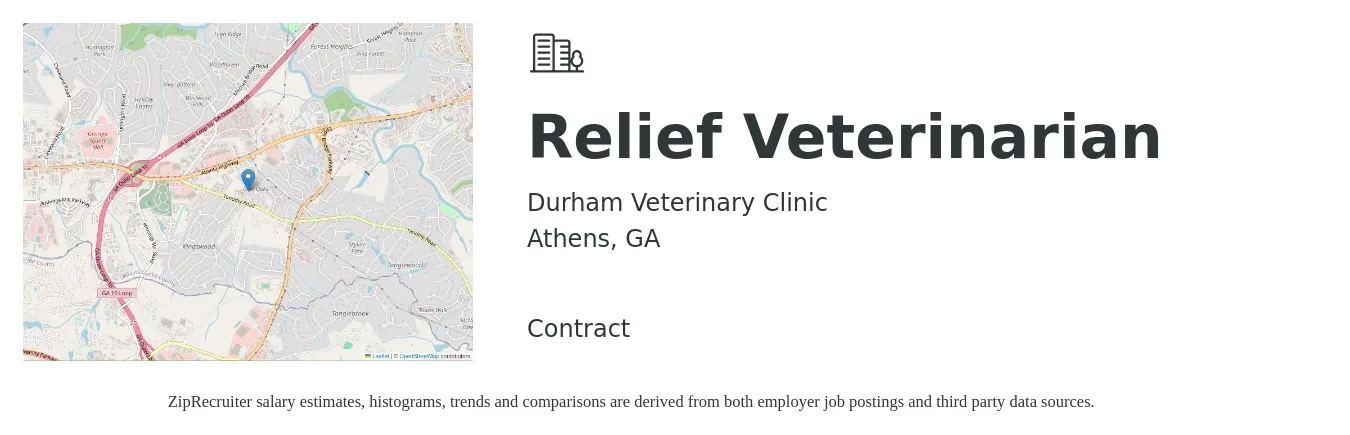 Durham Veterinary Clinic job posting for a Relief Veterinarian in Athens, GA with a salary of $108,100 to $210,500 Yearly with a map of Athens location.