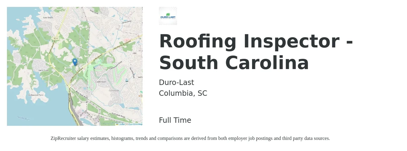 Duro-Last job posting for a Roofing Inspector - South Carolina in Columbia, SC with a salary of $51,300 to $60,600 Yearly with a map of Columbia location.
