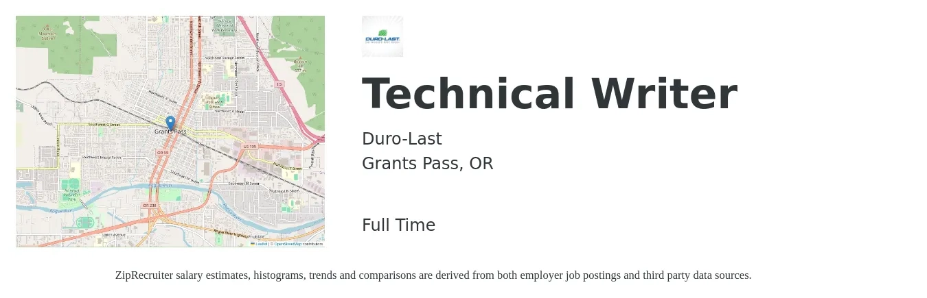 Duro-Last job posting for a Technical Writer in Grants Pass, OR with a salary of $30 to $49 Hourly with a map of Grants Pass location.