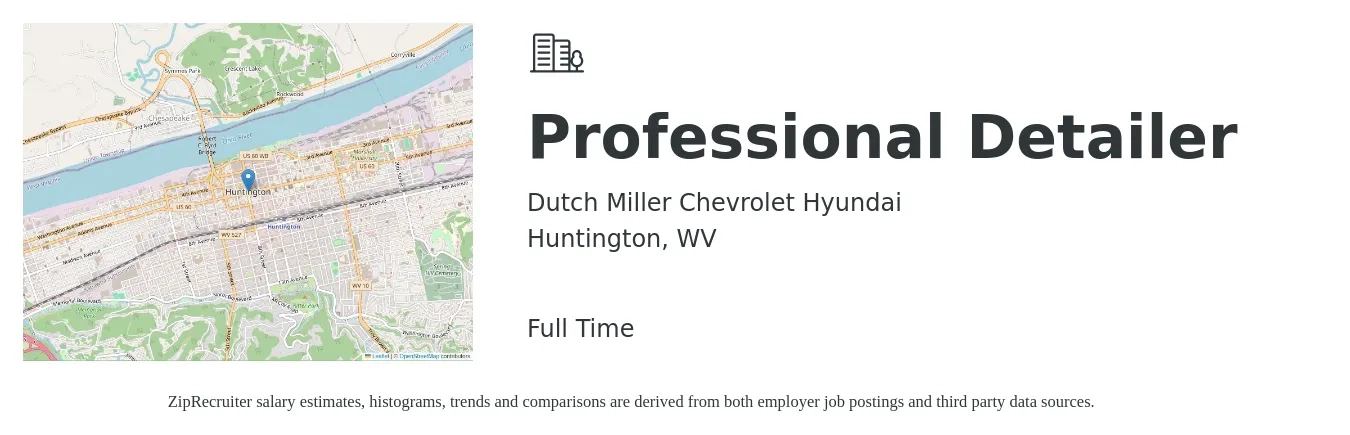 Dutch Miller Chevrolet Hyundai job posting for a Professional Detailer in Huntington, WV with a salary of $12 to $14 Hourly with a map of Huntington location.