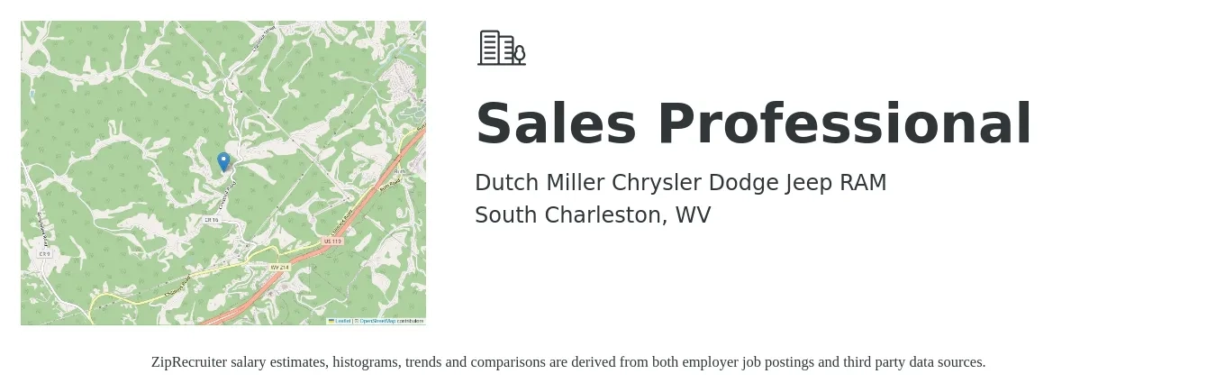Dutch Miller Chrysler Dodge Jeep RAM job posting for a Sales Professional in South Charleston, WV with a salary of $2,000 Monthly with a map of South Charleston location.