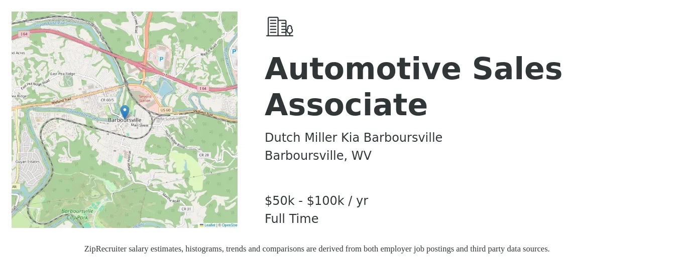 Dutch Miller Kia Barboursville job posting for a Automotive Sales Associate in Barboursville, WV with a salary of $50,000 to $100,000 Yearly with a map of Barboursville location.