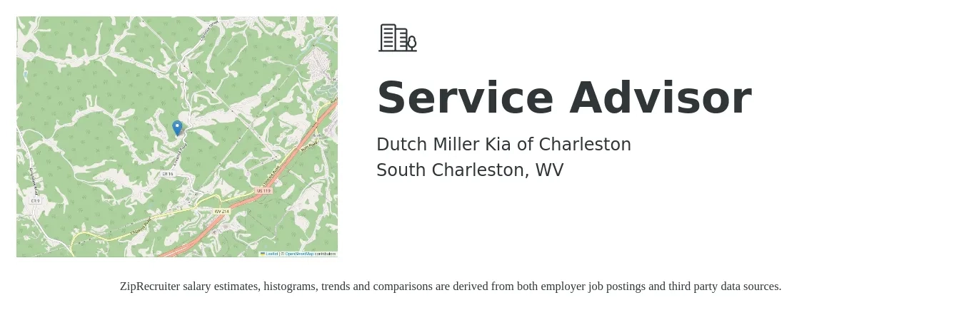 Dutch Miller Kia of Charleston job posting for a Service Advisor in South Charleston, WV with a salary of $2,000 Monthly with a map of South Charleston location.
