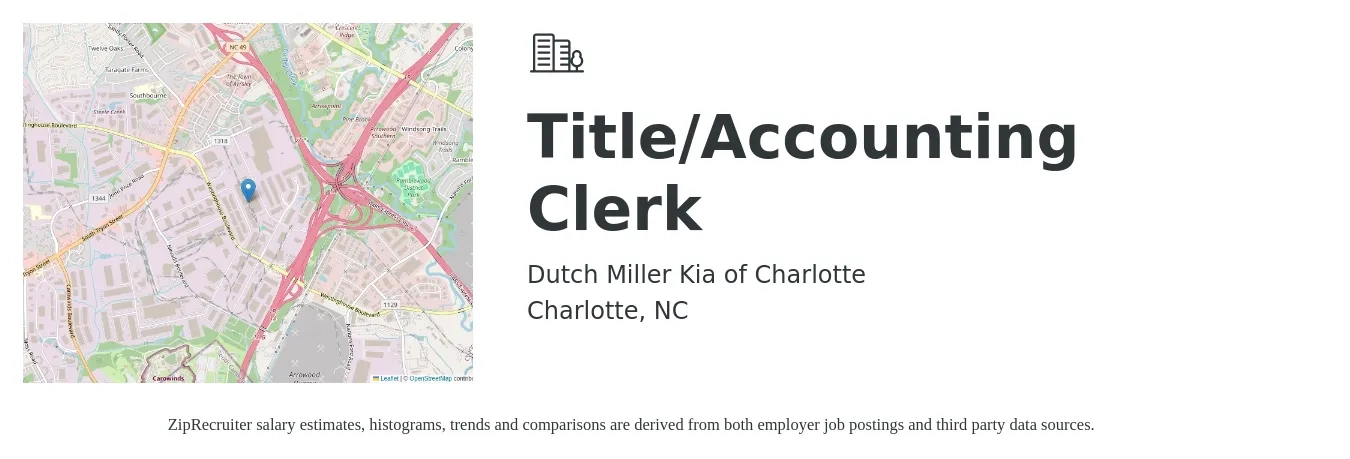 Dutch Miller Kia of Charlotte job posting for a Title/Accounting Clerk in Charlotte, NC with a salary of $16 to $20 Hourly with a map of Charlotte location.