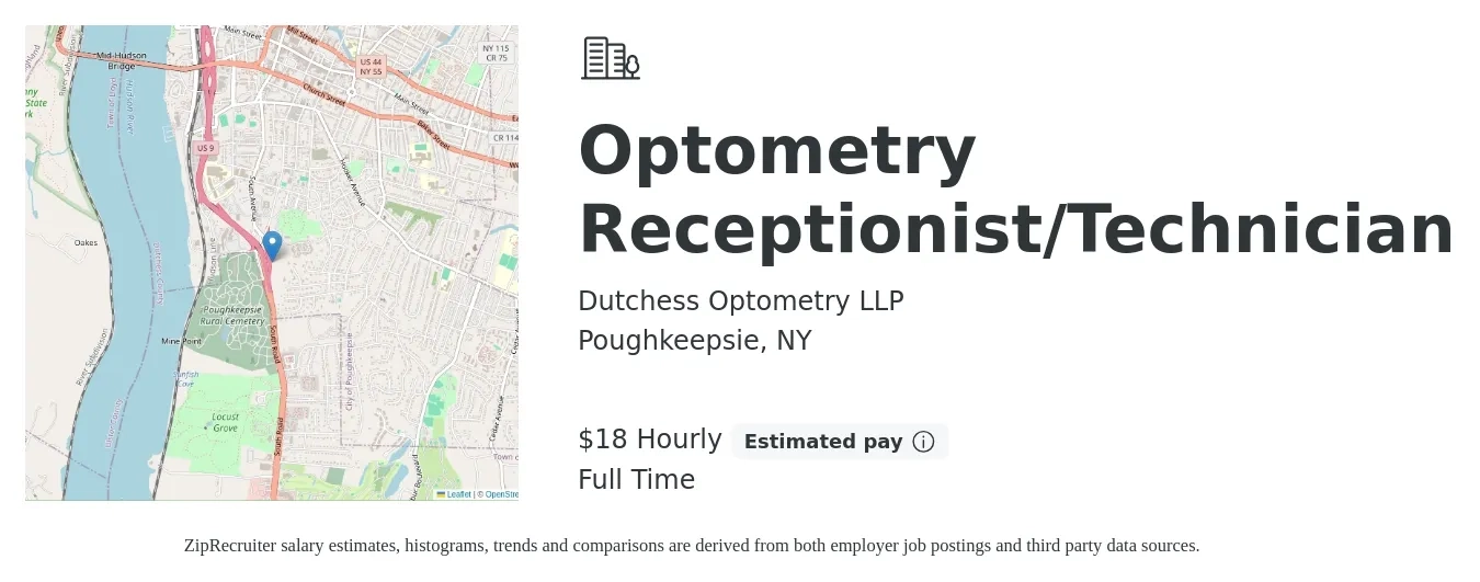 Dutchess Optometry LLP job posting for a Optometry Receptionist/Technician in Poughkeepsie, NY with a salary of $19 Hourly with a map of Poughkeepsie location.