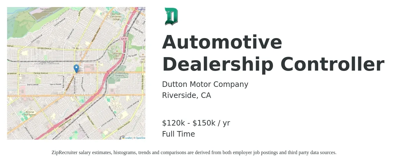Dutton Motor Company job posting for a Automotive Dealership Controller in Riverside, CA with a salary of $120,000 to $150,000 Yearly with a map of Riverside location.