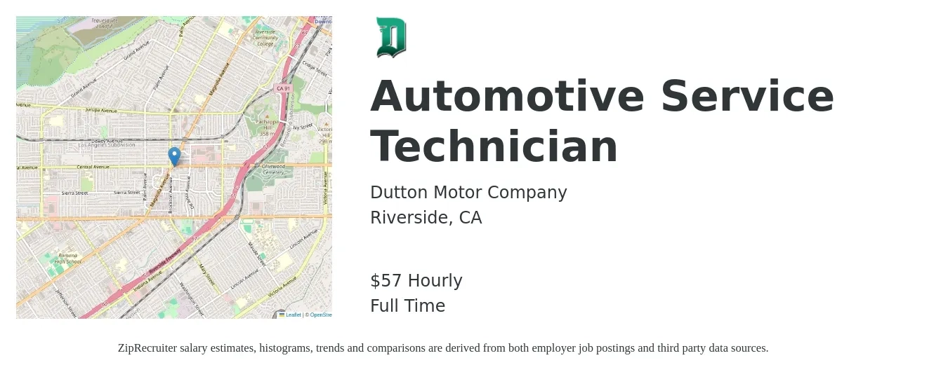 Dutton Motor Company job posting for a Automotive Service Technician in Riverside, CA with a salary of $60 Hourly with a map of Riverside location.