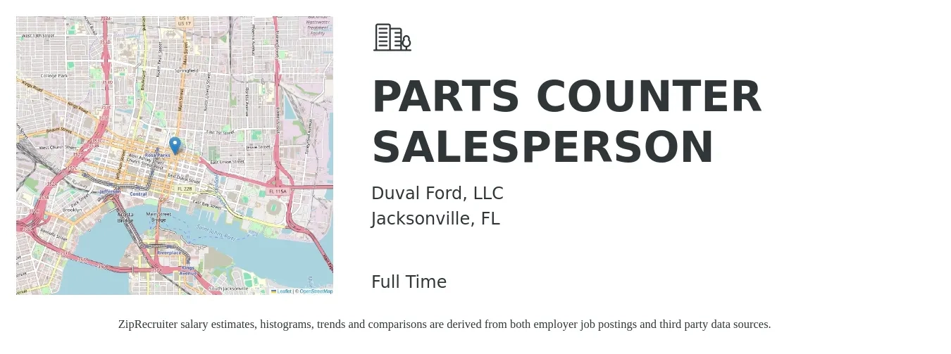 Duval Ford, LLC job posting for a PARTS COUNTER SALESPERSON in Jacksonville, FL with a salary of $16 to $20 Hourly with a map of Jacksonville location.
