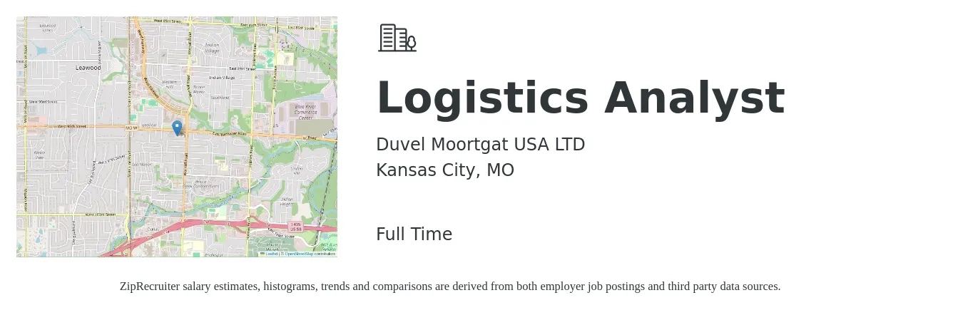 Duvel Moortgat USA LTD job posting for a Logistics Analyst in Kansas City, MO with a salary of $43,172 to $61,606 Yearly with a map of Kansas City location.