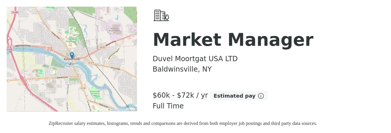 Duvel Moortgat USA LTD job posting for a Market Manager in Baldwinsville, NY with a salary of $60,000 to $72,000 Yearly with a map of Baldwinsville location.