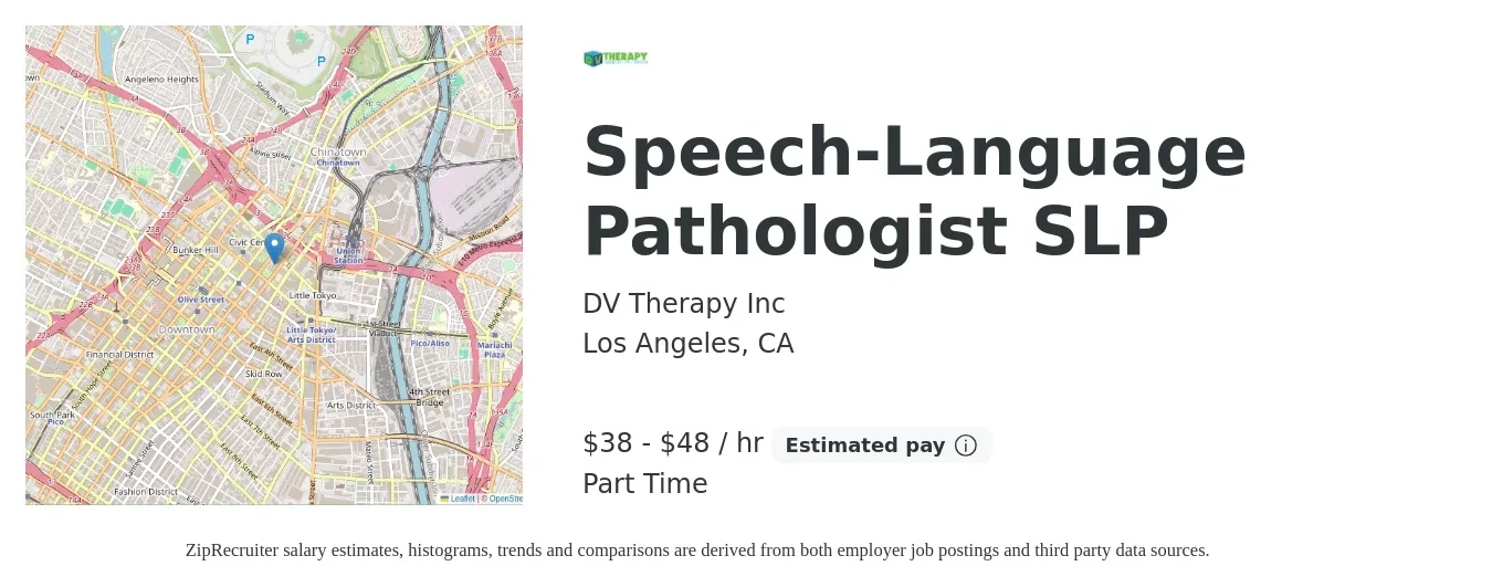DV Therapy Inc job posting for a Speech-Language Pathologist SLP in Los Angeles, CA with a salary of $40 to $50 Hourly with a map of Los Angeles location.