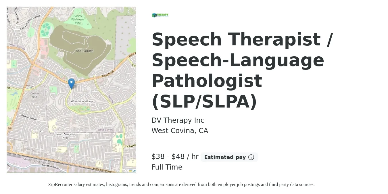 DV Therapy Inc job posting for a Speech Therapist / Speech-Language Pathologist (SLP/SLPA) in West Covina, CA with a salary of $40 to $50 Hourly with a map of West Covina location.