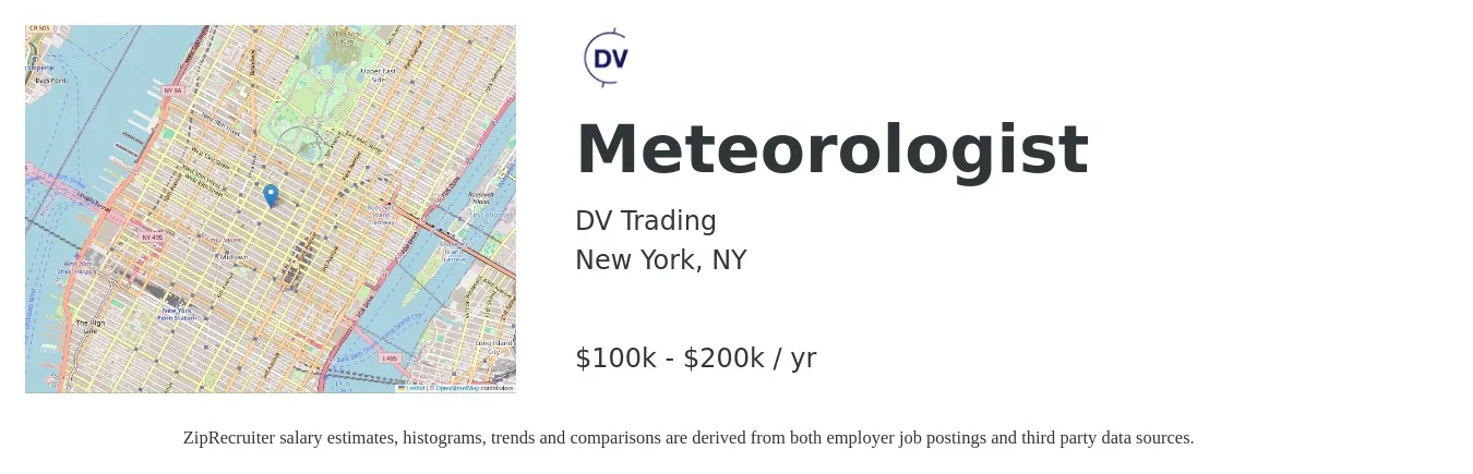 DV Trading job posting for a Meteorologist in New York, NY with a salary of $100,000 to $200,000 Yearly with a map of New York location.