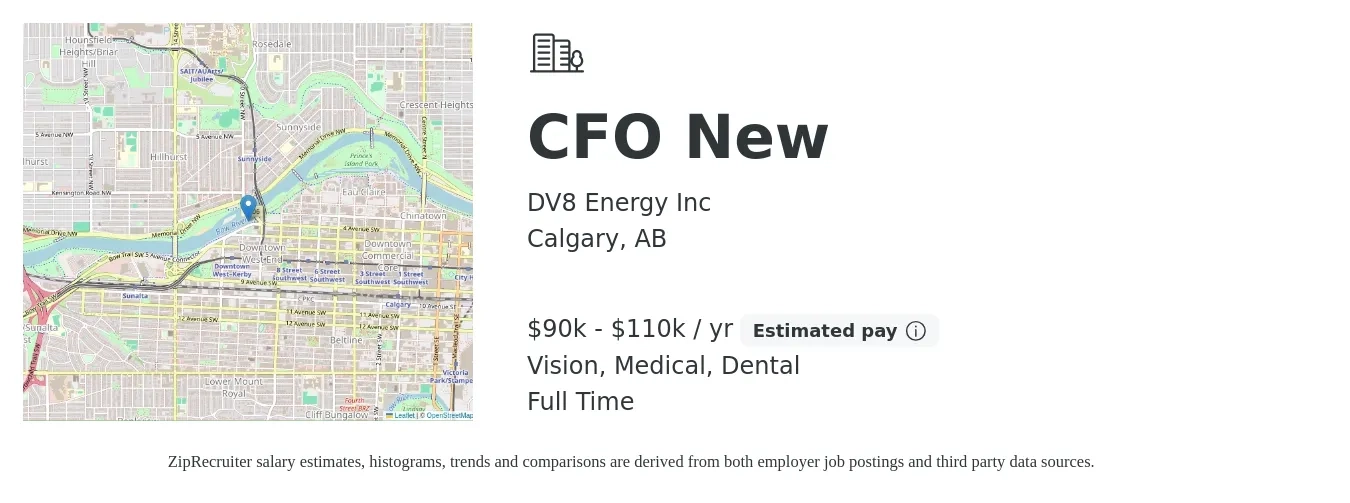 DV8 Energy Inc job posting for a CFO New in Calgary, AB with a salary of $90,000 to $110,000 Yearly and benefits including dental, life_insurance, medical, pto, retirement, and vision with a map of Calgary location.