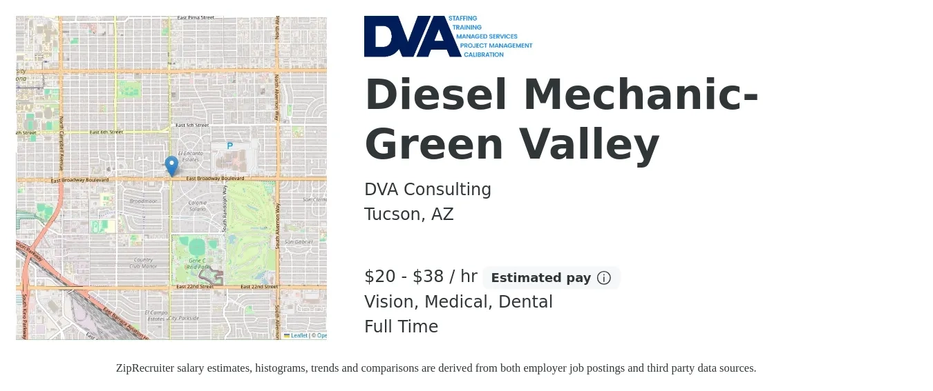 DVA Consulting job posting for a Diesel Mechanic- Green Valley in Tucson, AZ with a salary of $21 to $40 Hourly and benefits including dental, life_insurance, medical, pto, retirement, and vision with a map of Tucson location.