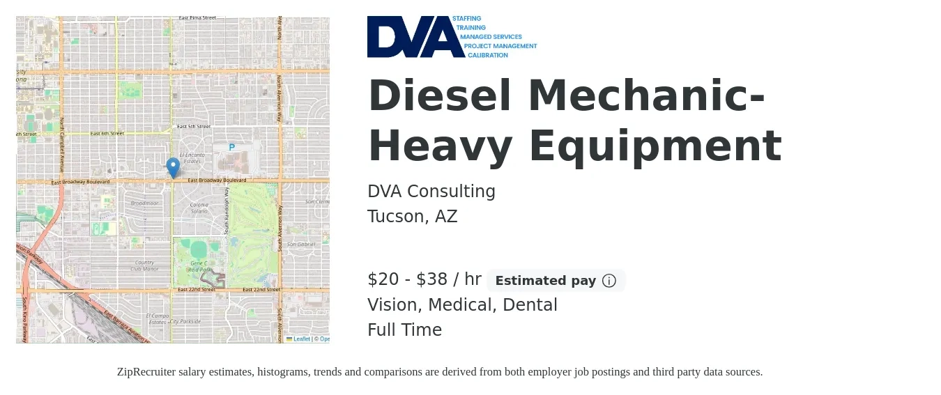DVA Consulting job posting for a Diesel Mechanic- Heavy Equipment in Tucson, AZ with a salary of $21 to $40 Hourly and benefits including dental, life_insurance, medical, pto, retirement, and vision with a map of Tucson location.