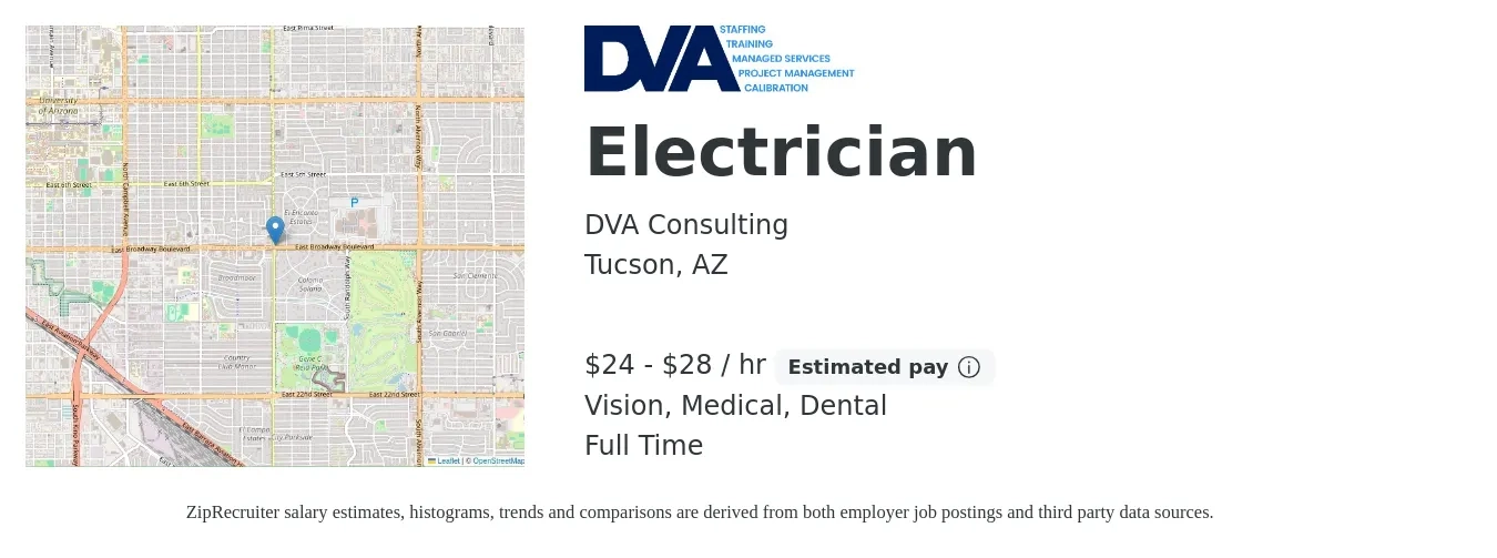 DVA Consulting job posting for a Electrician in Tucson, AZ with a salary of $25 to $30 Hourly and benefits including retirement, vision, dental, life_insurance, and medical with a map of Tucson location.