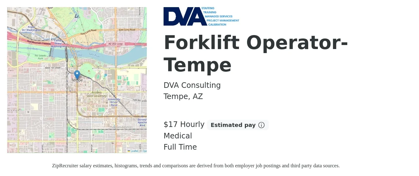 DVA Consulting job posting for a Forklift Operator-Tempe in Tempe, AZ with a salary of $18 Hourly and benefits including medical, and retirement with a map of Tempe location.