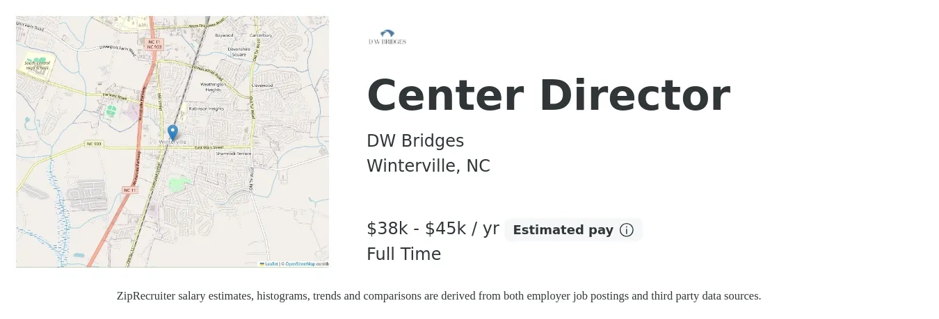 DW Bridges job posting for a Center Director in Winterville, NC with a salary of $38,000 to $45,000 Yearly with a map of Winterville location.