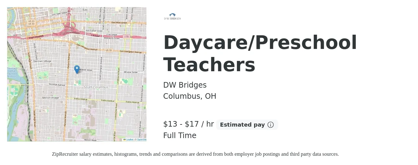 DW Bridges job posting for a Daycare/Preschool Teachers in Columbus, OH with a salary of $14 to $18 Hourly with a map of Columbus location.