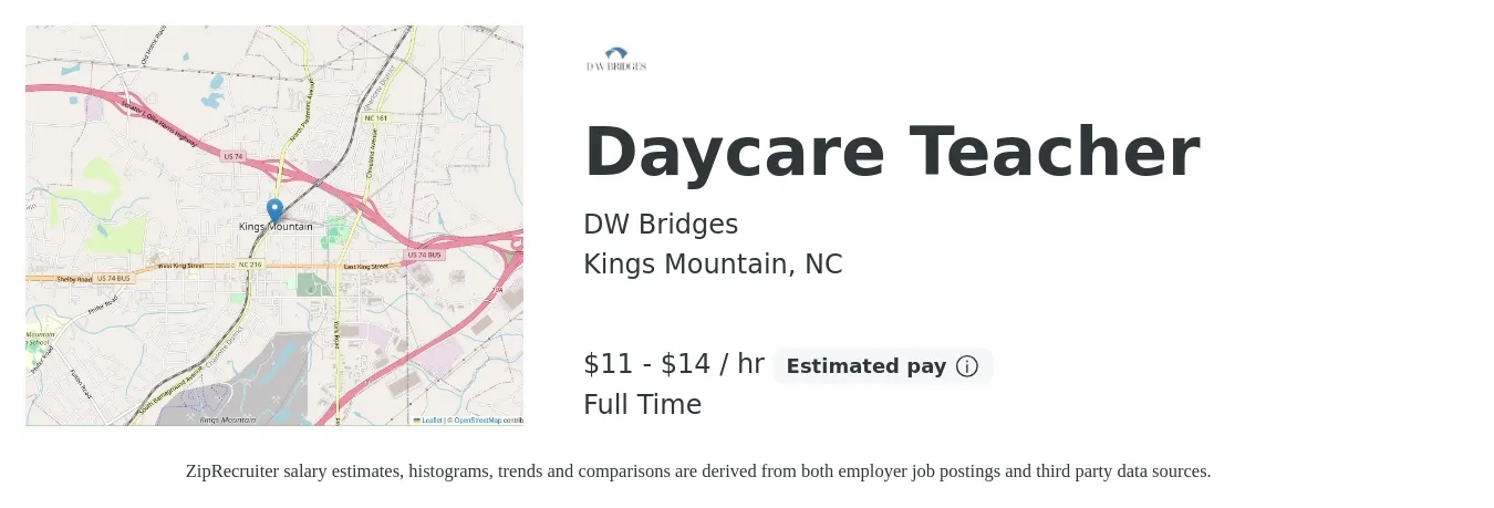 DW Bridges job posting for a Daycare Teacher in Kings Mountain, NC with a salary of $12 to $15 Hourly with a map of Kings Mountain location.