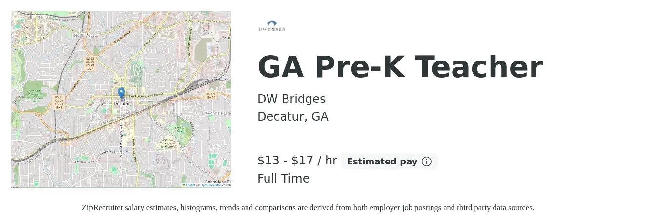 DW Bridges job posting for a GA Pre-K Teacher in Decatur, GA with a salary of $14 to $18 Hourly with a map of Decatur location.