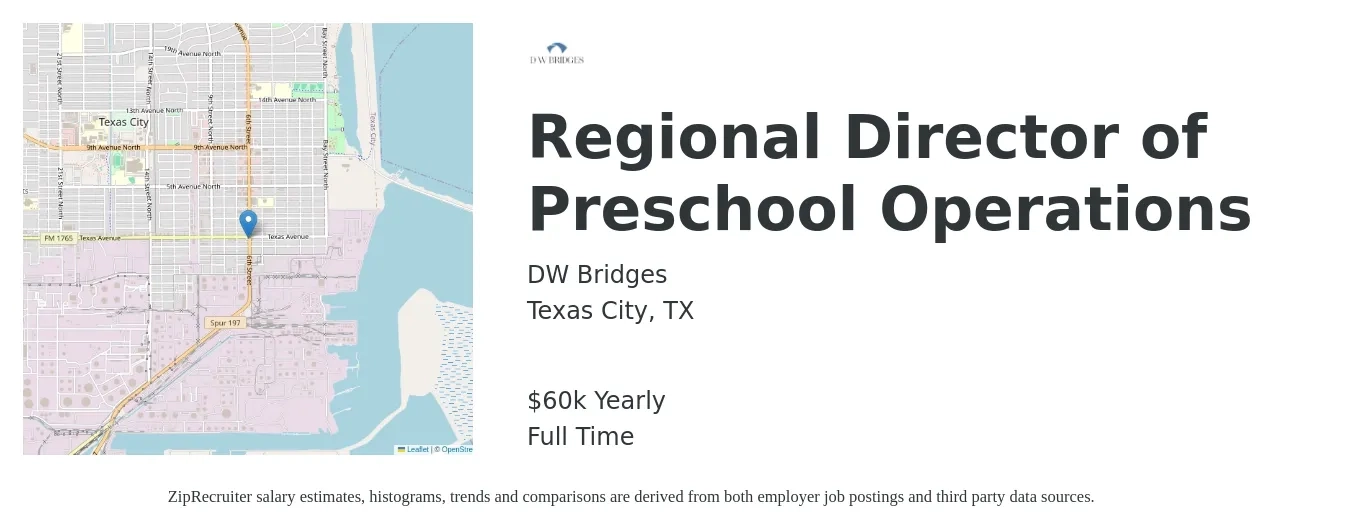 DW Bridges job posting for a Regional Director of Preschool Operations in Texas City, TX with a salary of $60,000 Yearly with a map of Texas City location.