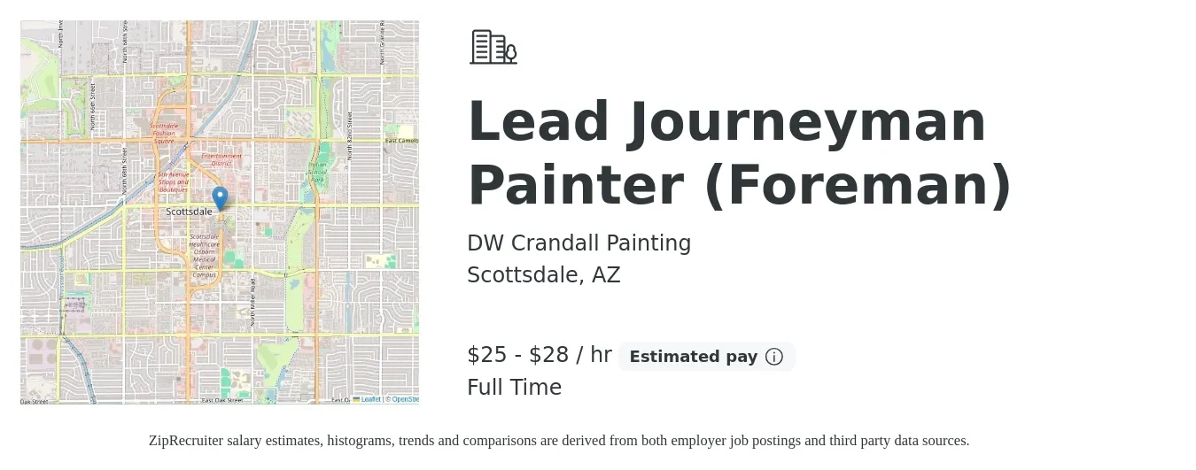 DW Crandall Painting job posting for a Lead Journeyman Painter (Foreman) in Scottsdale, AZ with a salary of $26 to $30 Hourly with a map of Scottsdale location.