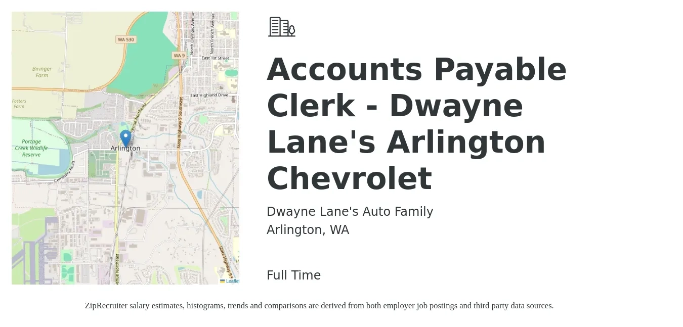 Dwayne Lane's Auto Family job posting for a Accounts Payable Clerk - Dwayne Lane's Arlington Chevrolet in Arlington, WA with a salary of $21 to $27 Hourly with a map of Arlington location.