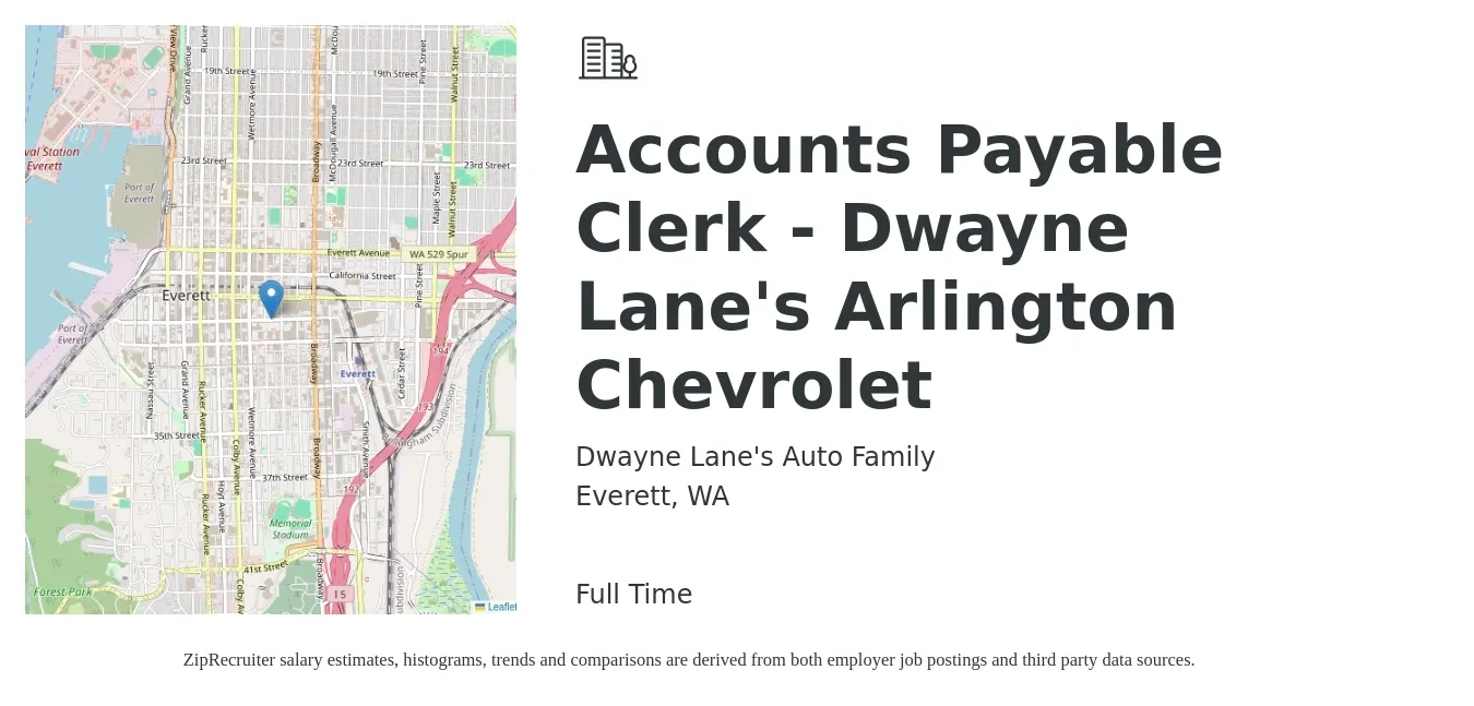 Dwayne Lane's Auto Family job posting for a Accounts Payable Clerk - Dwayne Lane's Arlington Chevrolet in Everett, WA with a salary of $21 to $27 Hourly with a map of Everett location.