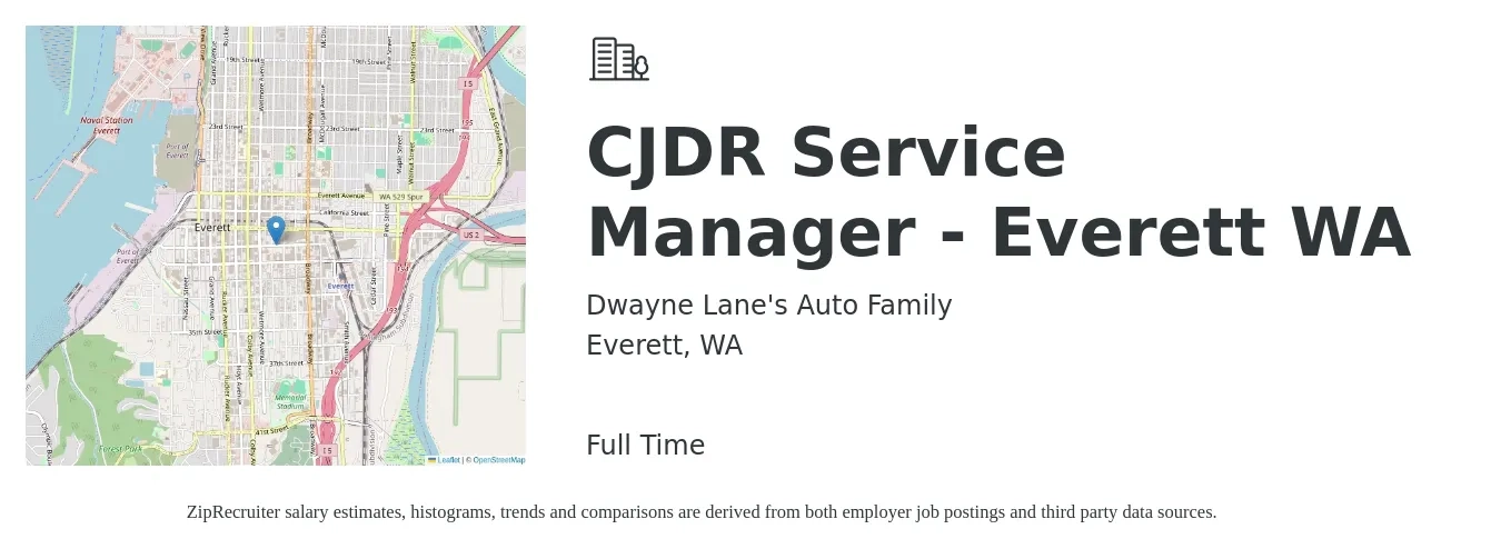Dwayne Lane's Auto Family job posting for a CJDR Service Manager - Everett WA in Everett, WA with a salary of $61,900 to $89,500 Yearly with a map of Everett location.