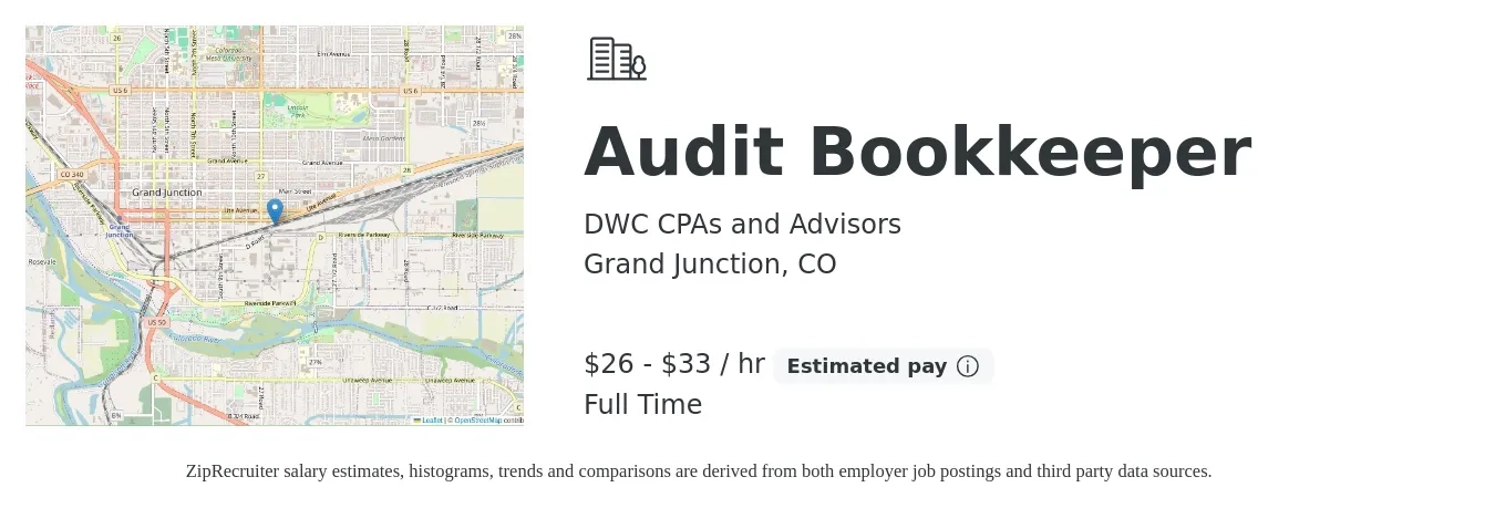 DWC CPAs and Advisors job posting for a Audit Bookkeeper in Grand Junction, CO with a salary of $28 to $35 Hourly with a map of Grand Junction location.