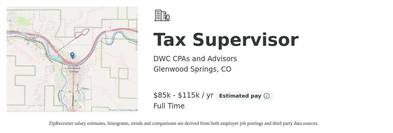 DWC CPAs and Advisors job posting for a Tax Supervisor in Glenwood Springs, CO with a salary of $85,000 to $115,000 Yearly with a map of Glenwood Springs location.