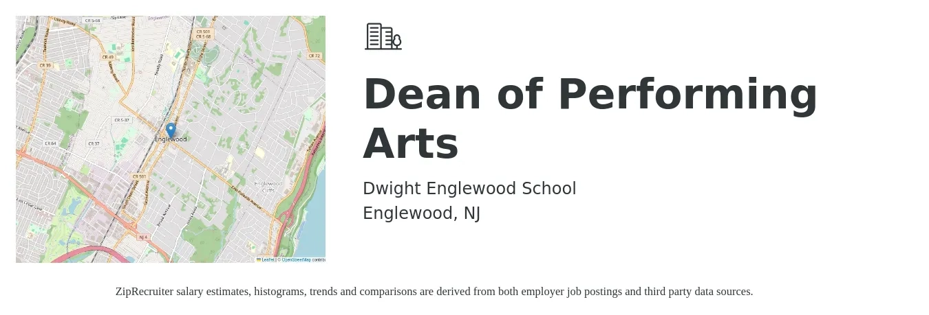Dwight Englewood School job posting for a Dean of Performing Arts in Englewood, NJ with a salary of $77,700 to $138,000 Yearly with a map of Englewood location.