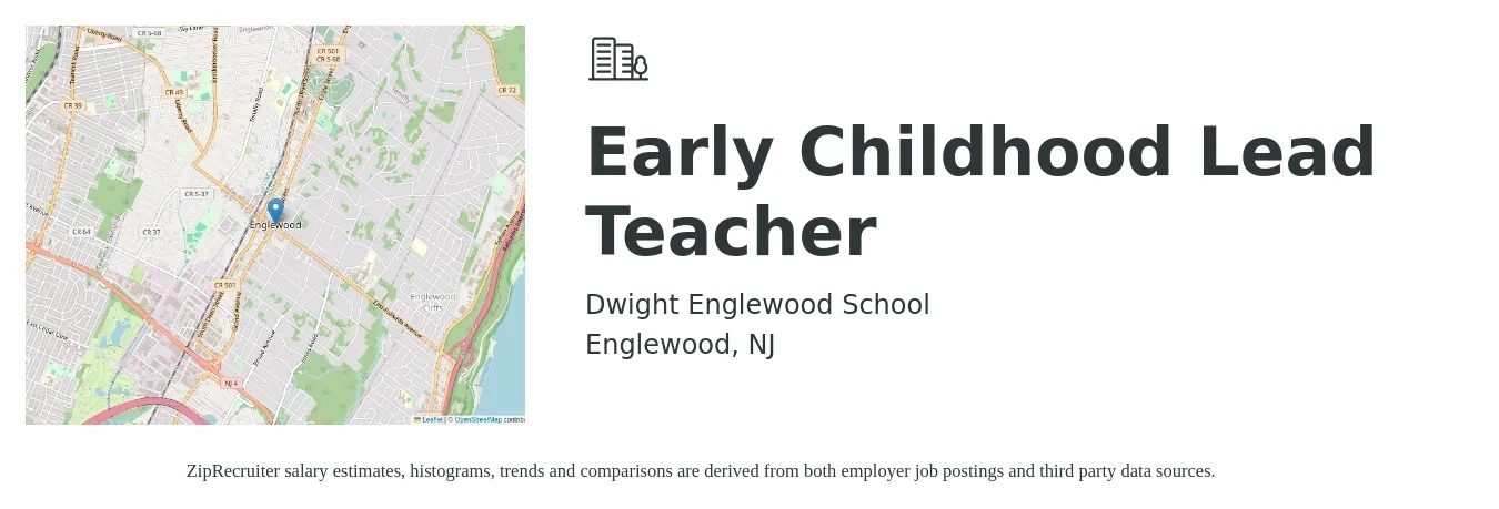 Dwight Englewood School job posting for a Early Childhood Lead Teacher in Englewood, NJ with a salary of $16 to $22 Hourly with a map of Englewood location.
